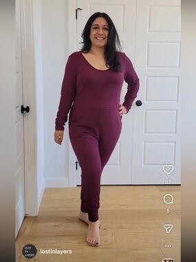 Lost in Layers French Terry long sleeve jumpsuit burgundy M/L loungewear comfy